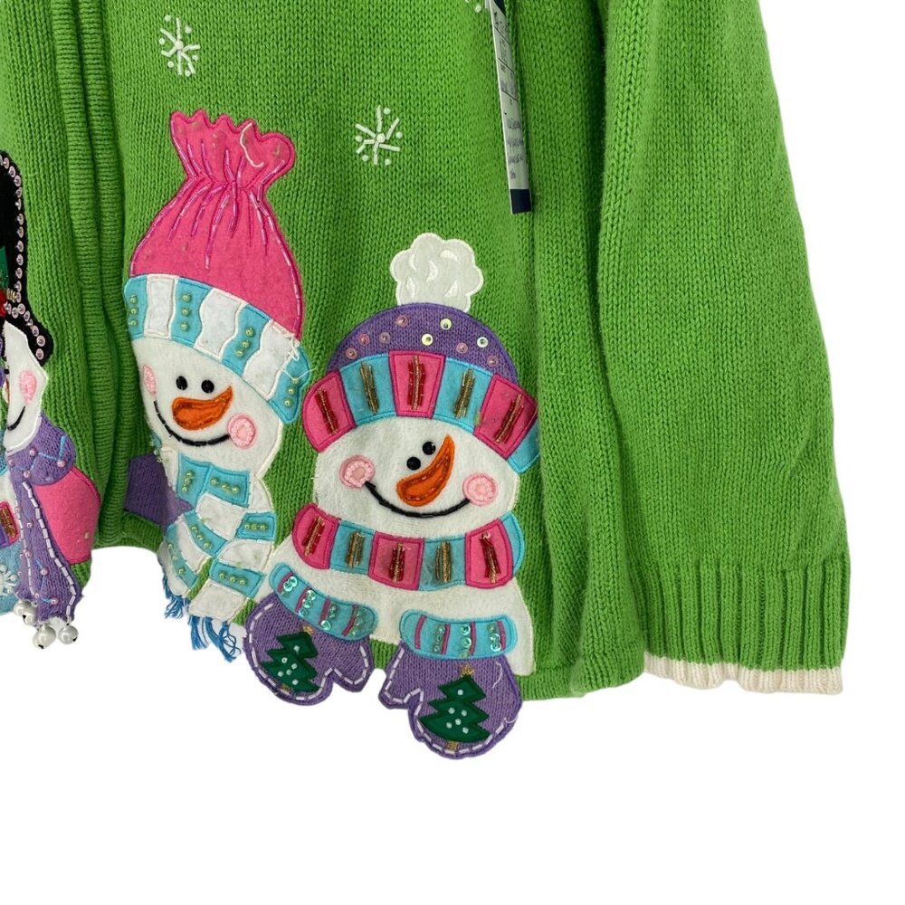 Tiara International Xmas Sweater 26/28 Green Zip Front Snowmen Cozy Holiday Wear - Picture 4 of 13